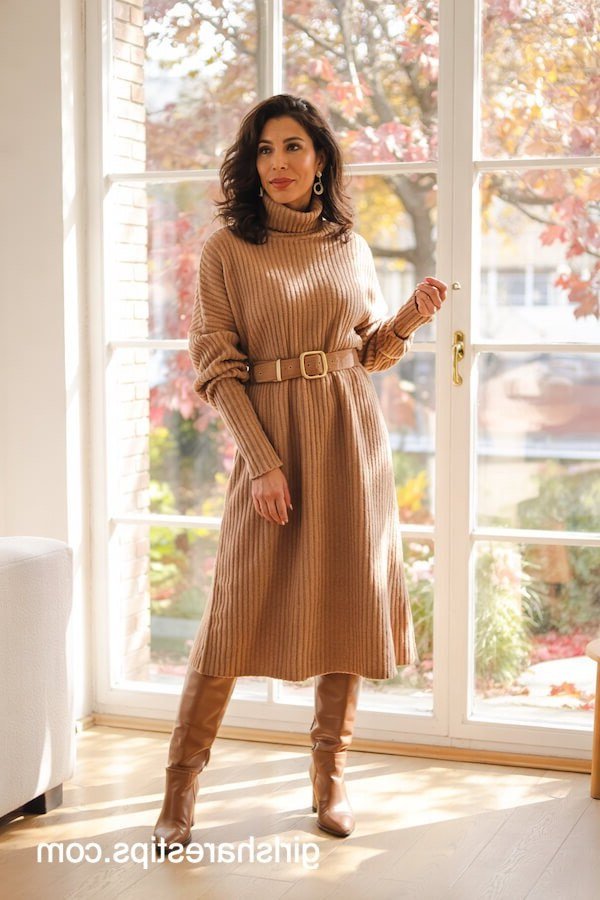 Thanksgiving outfit for women over 50: camel sweater dress with knee high boots