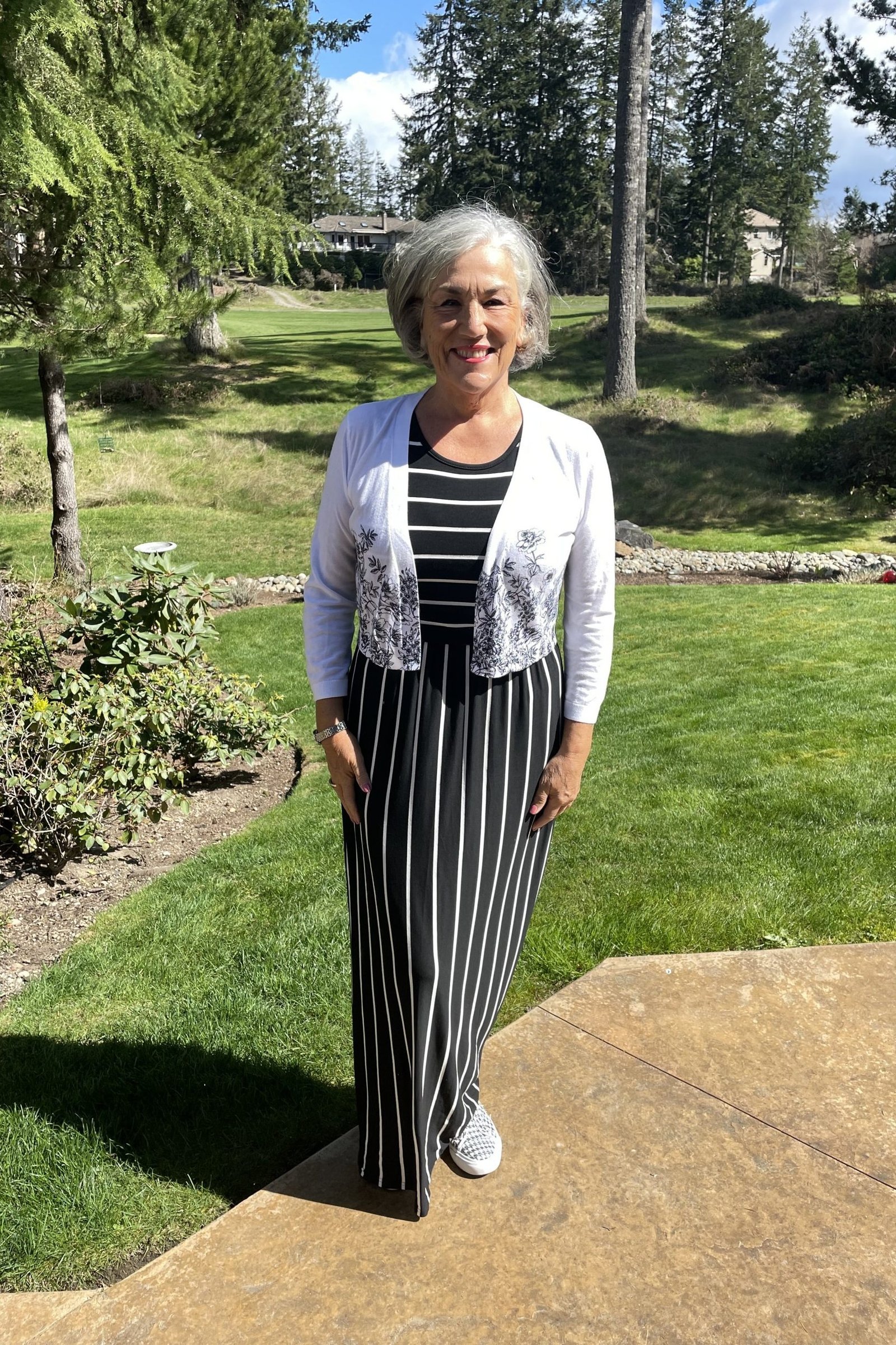 maxi dress for women over 60: striped Park Maxi with a White Jacket