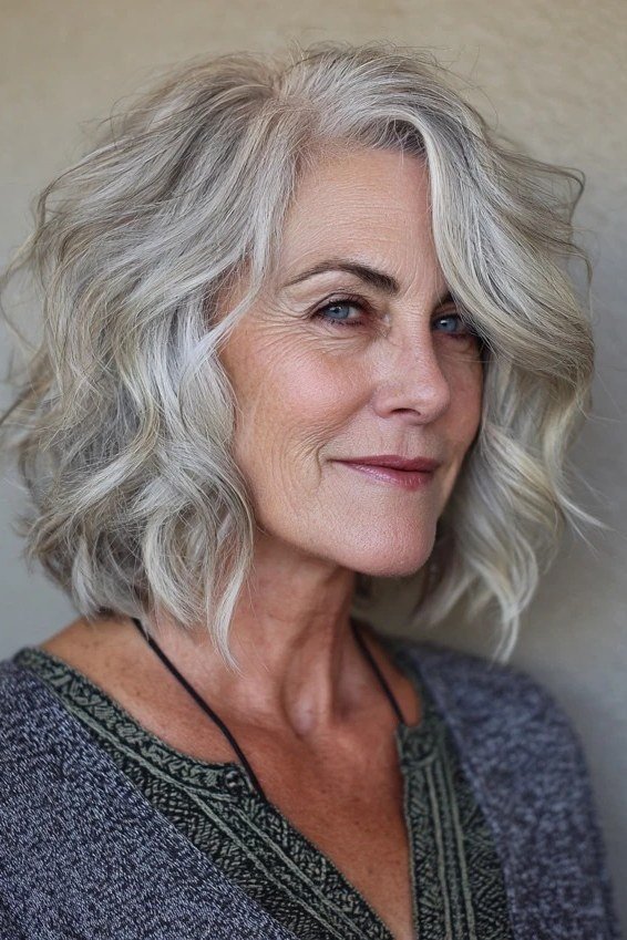 Silver wavy short shaggy bob haircut for senior women