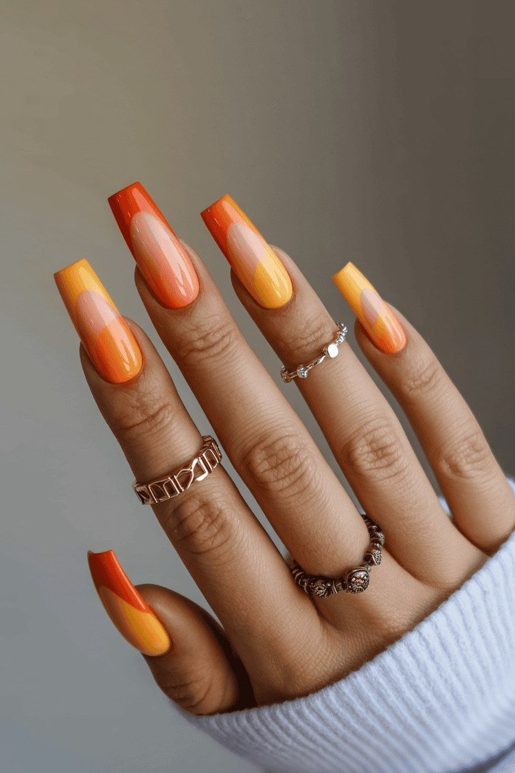 Bright Orange Ombre Coffin Nails for women over 50