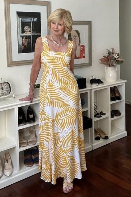 maxi dress for women over 60: yellow Palm Print Maxi
