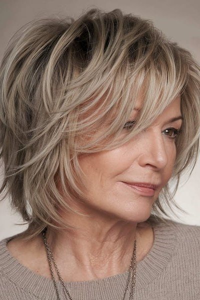 Senior woman with a blonde feathered bixie haircut and light airy layers.