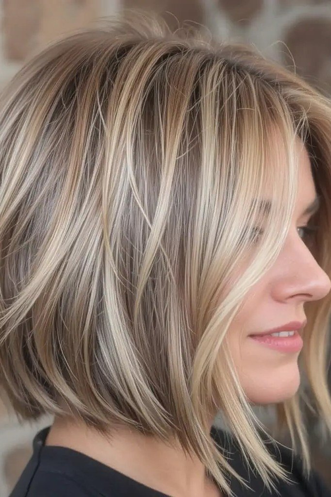 Shaggy blonde bob with layers for women over 40, side view