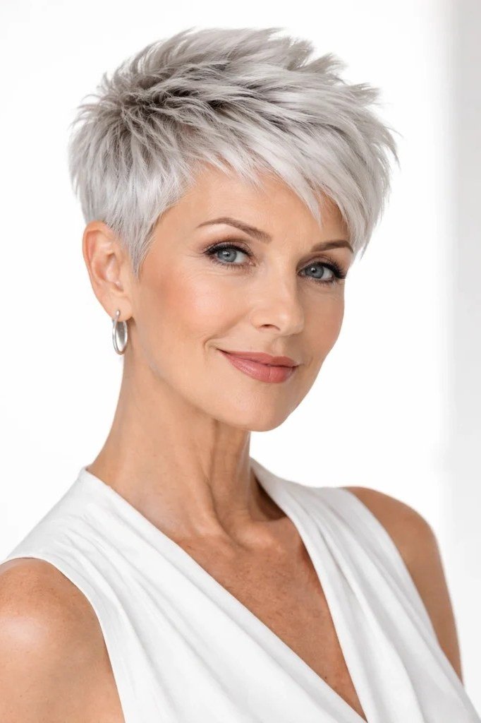 textured white pixie cut with angled fringe for women over 60