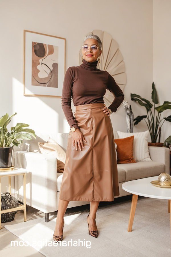 Thanksgiving outfit for women over 50: brown turtleneck with tan satin skirt