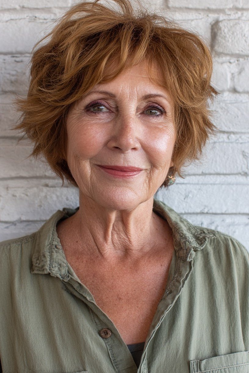 Older woman with a copper bixie haircut and full bangs against a brick wall.