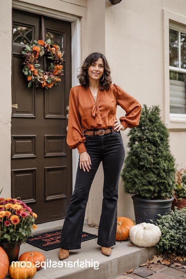 Thanksgiving outfit for women over 50: rust satin blouse with black flared pants