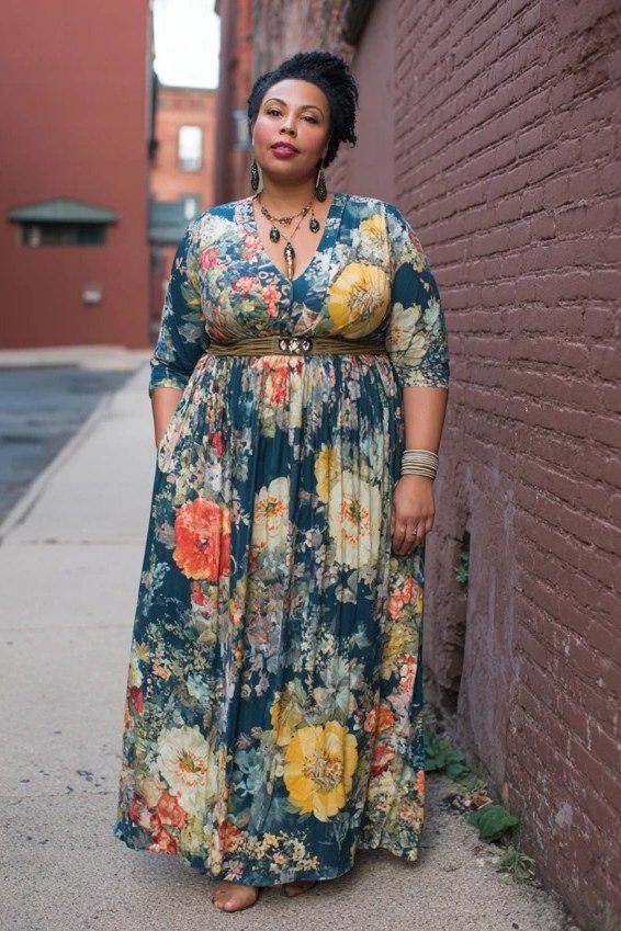 maxi dress for women over 60: teal Floral Brick-Wall Maxi