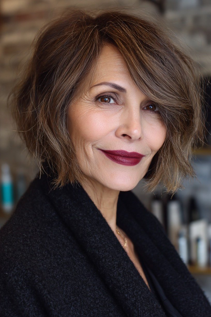 Mature woman with a brown bixie haircut, sleek bangs and deep side part.