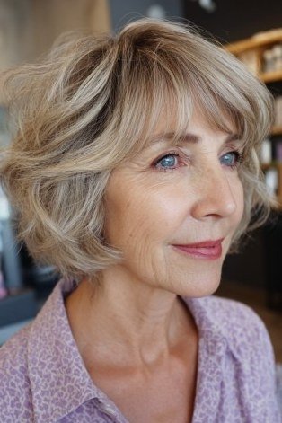 Bouncy blonde short shaggy bob hairstyle for older women