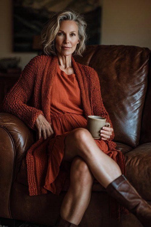 Thanksgiving outfit for women over 50: rust cardigan with rust dress