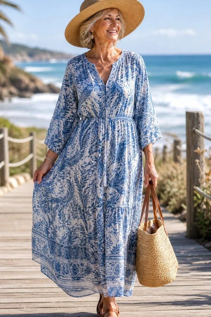 maxi dress for women over 60: blue Paisley Boardwalk Maxi