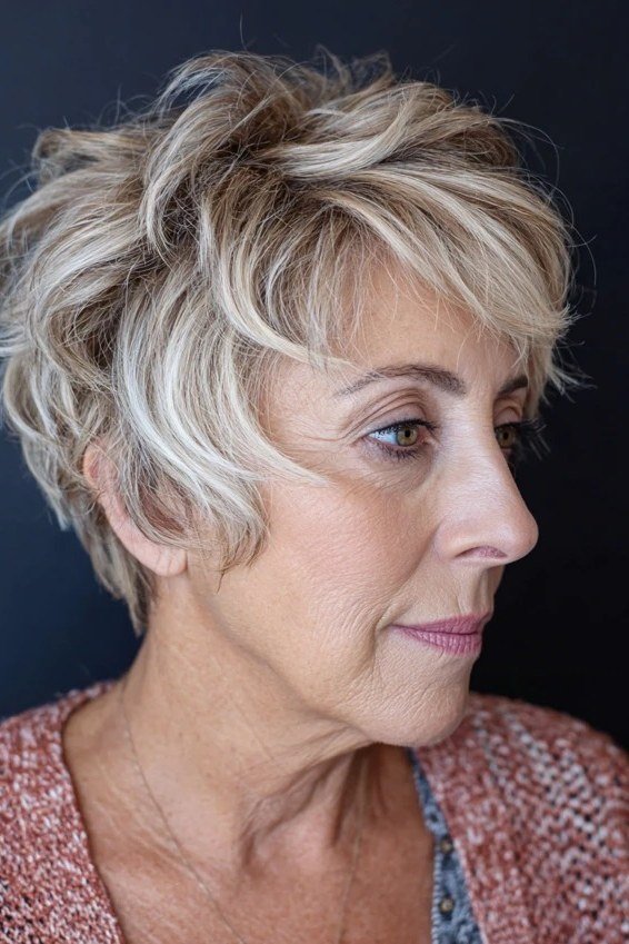 Side profile of an older woman with a blonde tousled bixie haircut.