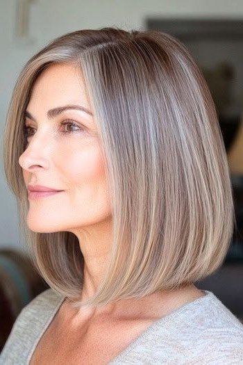 Sleek Silver Straight Bob for women over 50