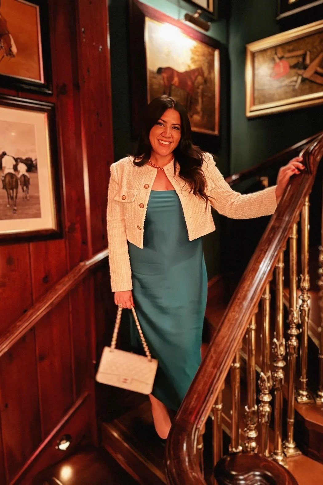 Thanksgiving outfit for women over 50: teal midi dress with cream jacket