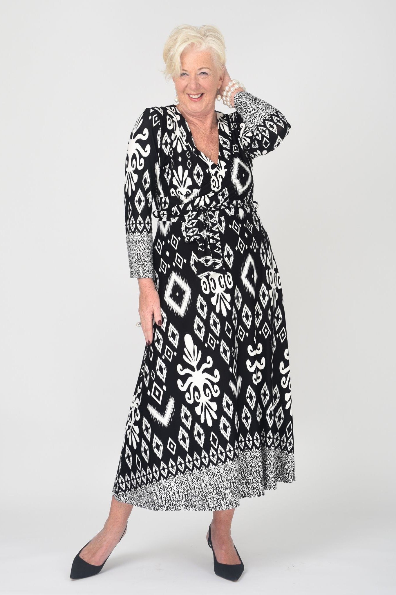 maxi dress for women over 60: black and White Ikat Maxi