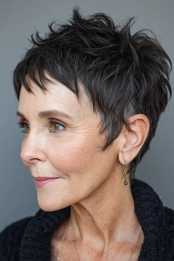 Side profile of an older woman with a dark gray spiky pixie haircut.