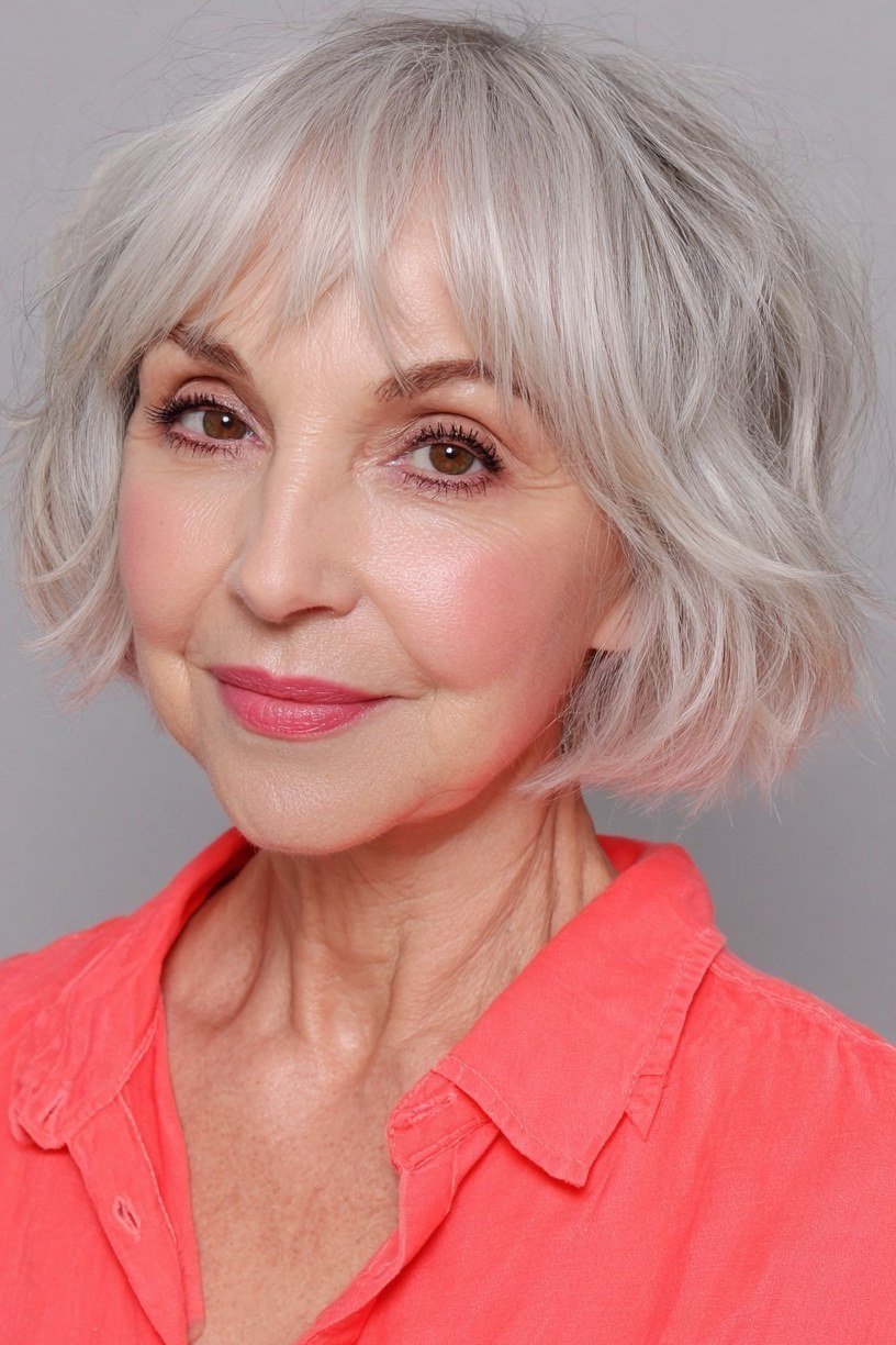 Classic silver short shaggy bob hairstyle for older women