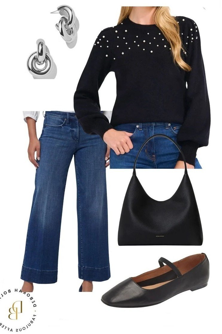 Thanksgiving outfit for women over 50: pearl sweater with wide leg jeans