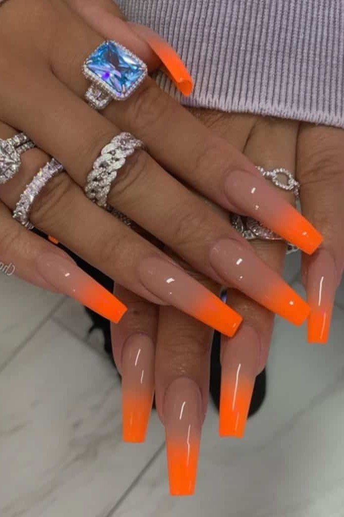 Neon Orange Ombre Long Nails for women over 50