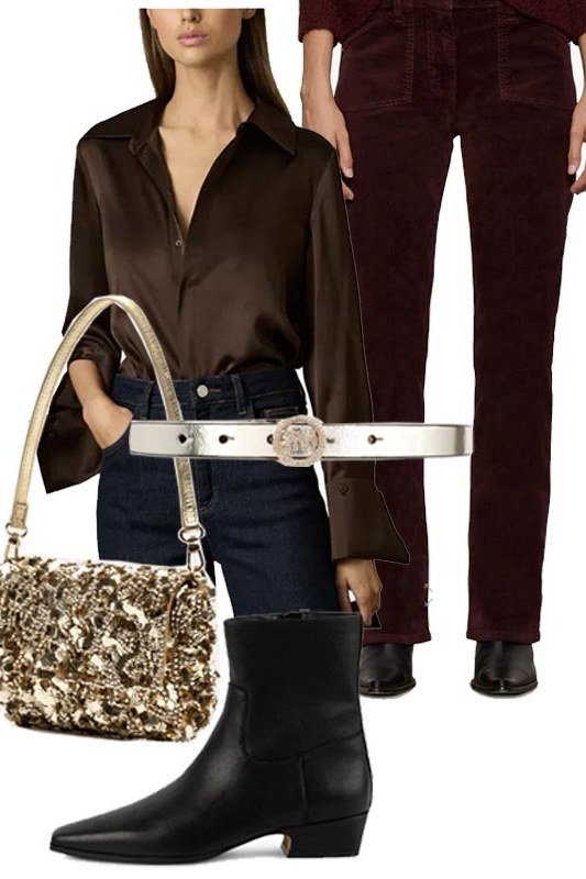 Thanksgiving outfit for women over 50: brown satin shirt with burgundy corduroy