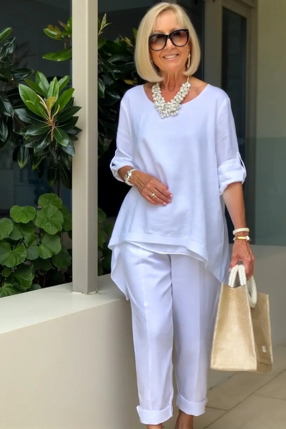 Woman over 50 wearing an all-white linen tunic and trousers with pearls