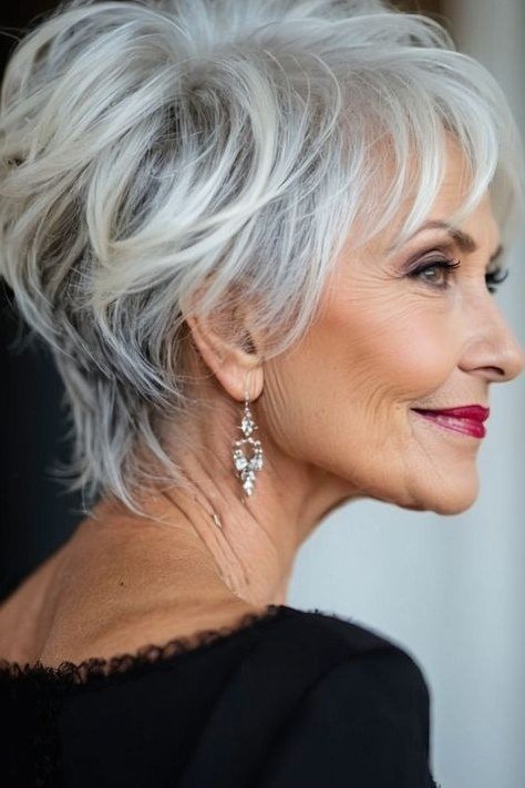 swept back silver pixie cut with volume for women over 60