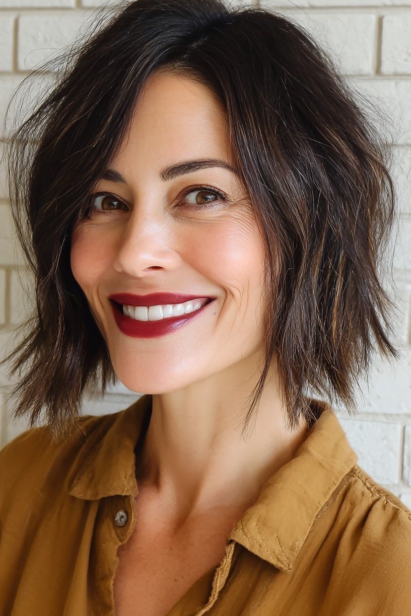 Dark brown wavy bob for women over 40