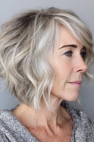 Side view of an older woman with a gray layered shaggy bixie haircut.