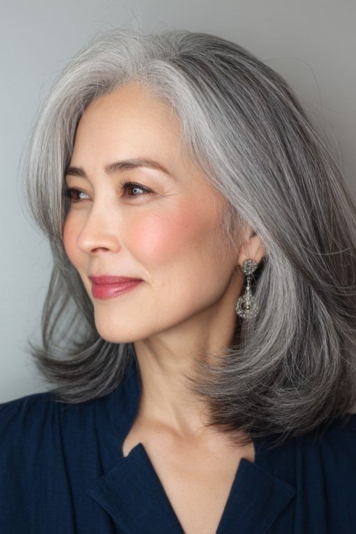 Sleek Silver Side-Swept Lob for women over 50
