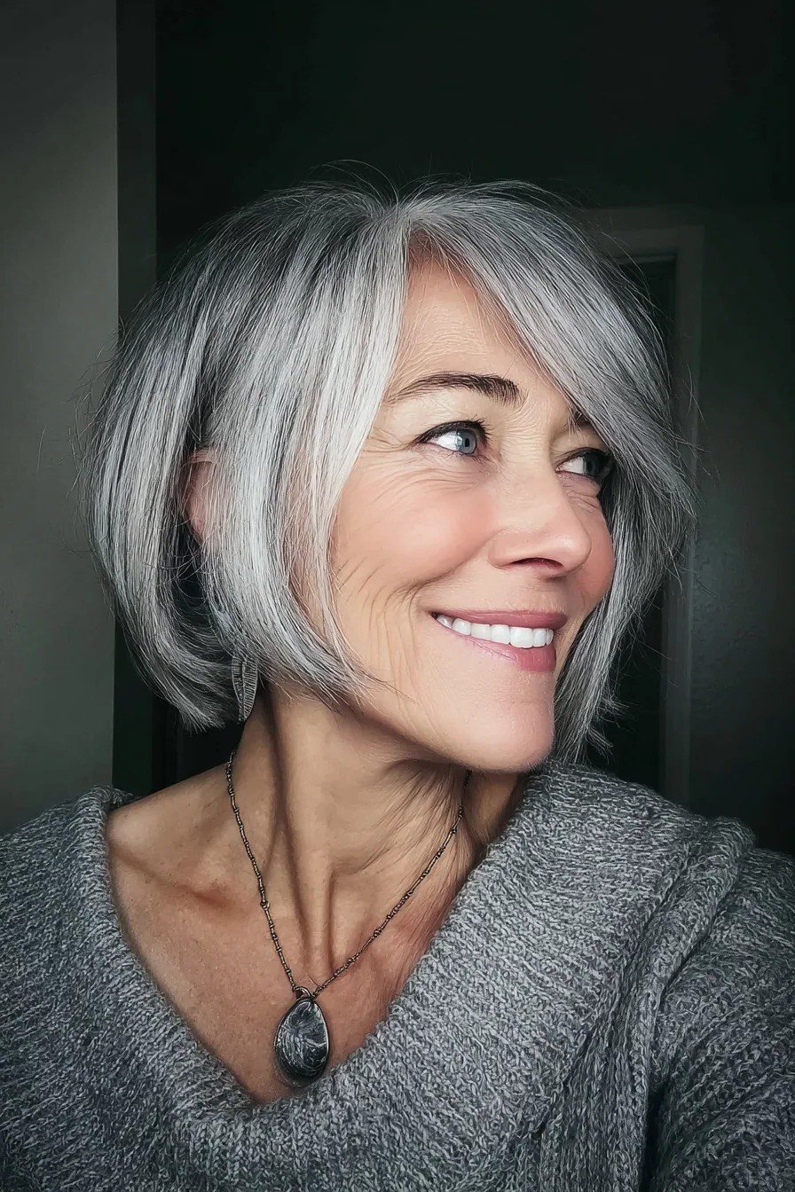 classic silver bob haircut with side part for women over 60