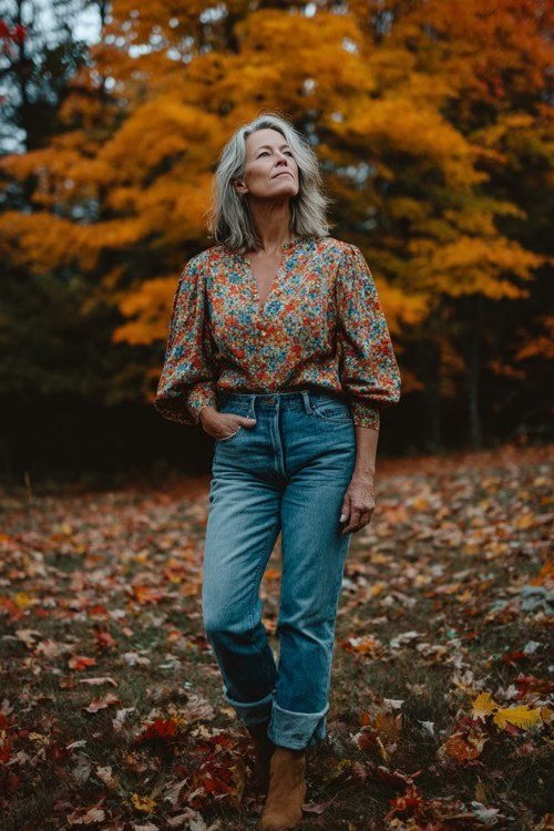 Thanksgiving outfit for women over 50: floral blouse with straight leg jeans