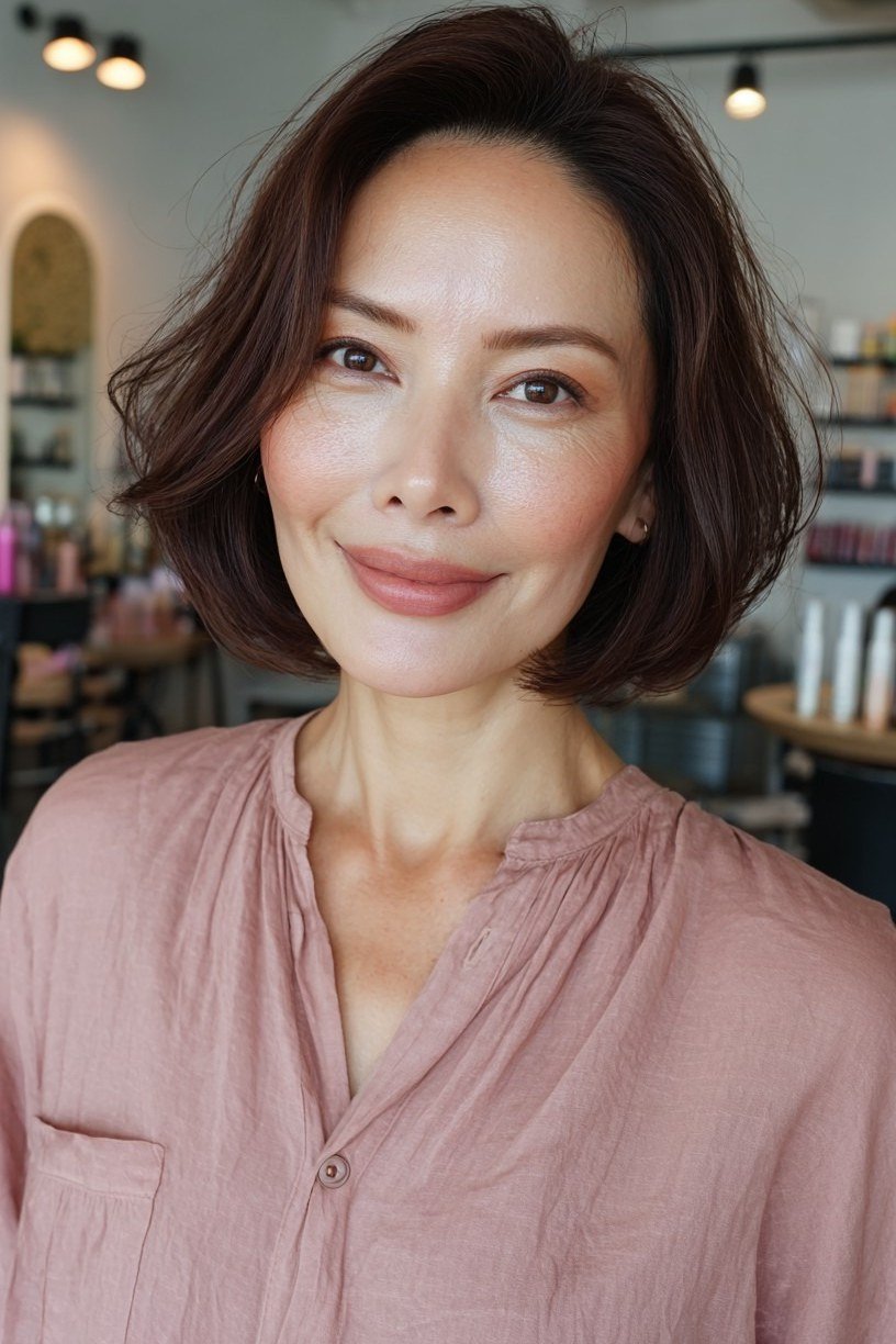 Rounded dark brown bob haircut for women over 40