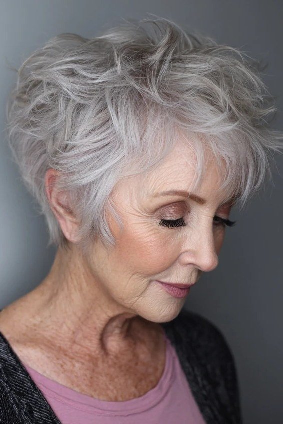 Older woman with a rounded silver pixie bob haircut looking down softly.