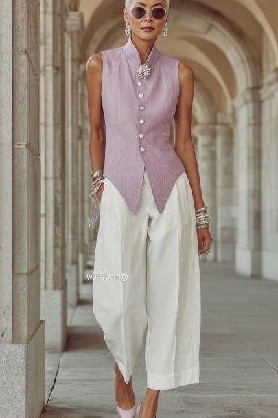 Woman over 50 wearing a lavender sleeveless shirt with white wide-leg trousers