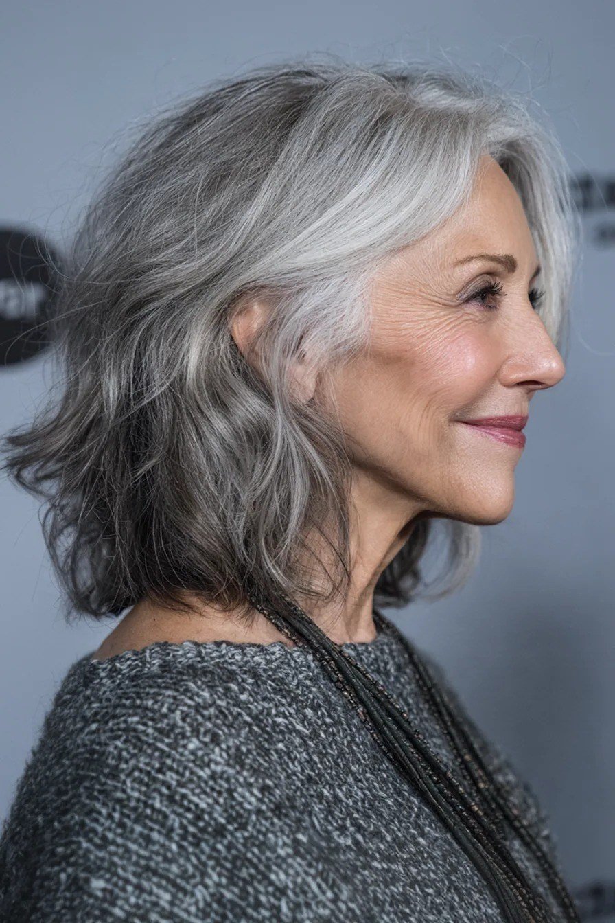 wavy grey lob with loose waves for women over 60