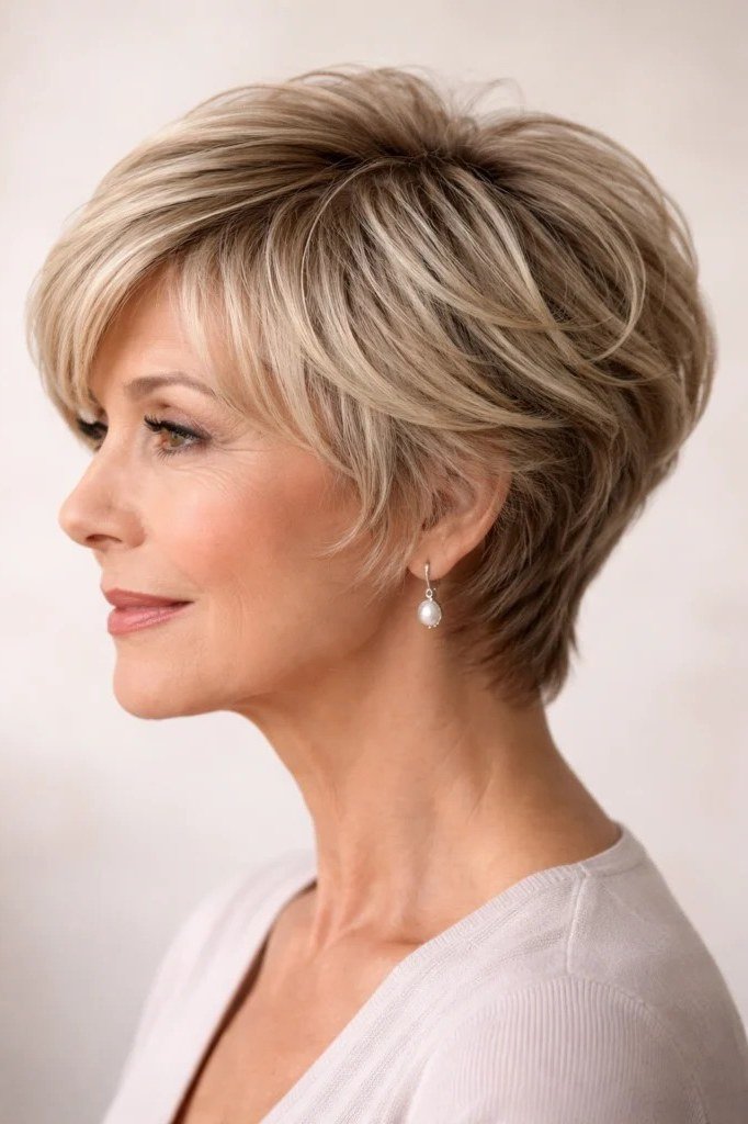Side view of an older woman with a blonde bixie haircut and sweeping bangs.
