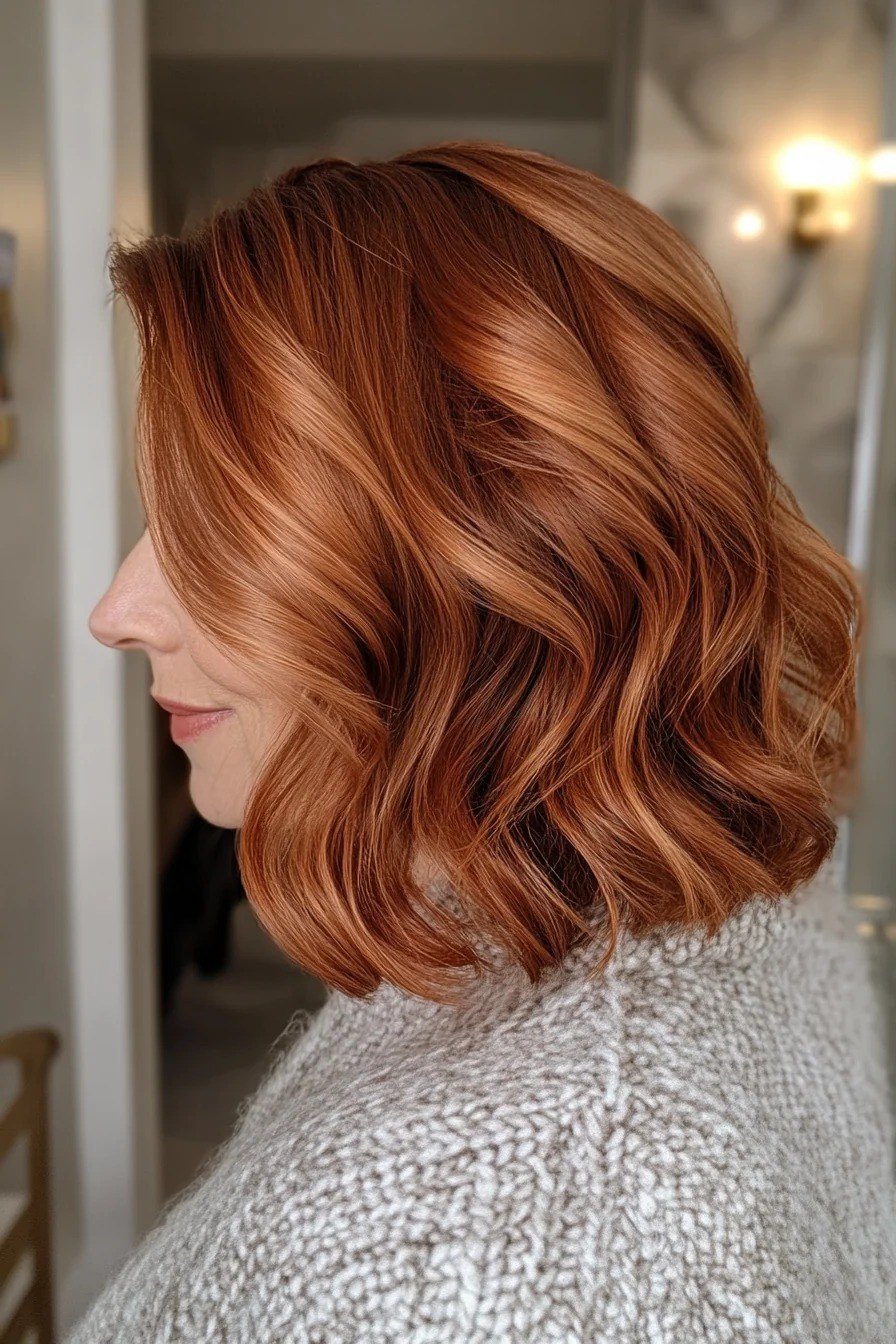 Copper wavy bob haircut for women over 40, side view