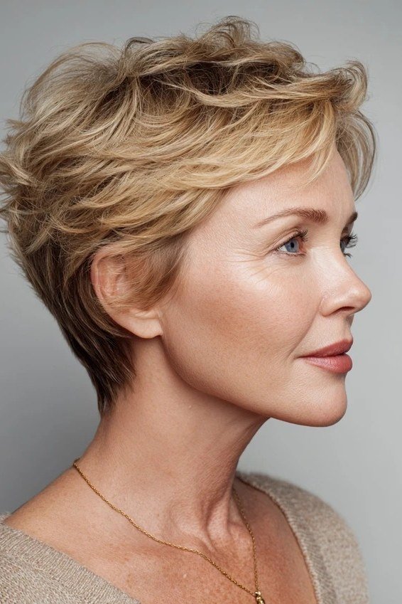 Side view of an older woman with a blonde bixie haircut and natural darker roots.