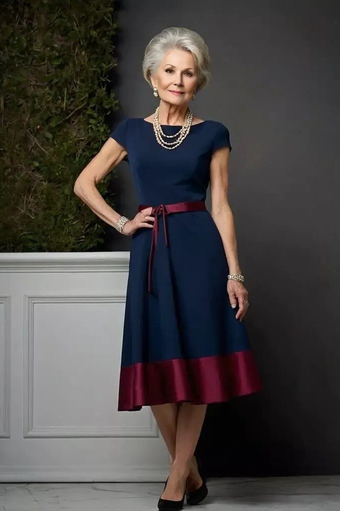Navy dress with burgundy hem
