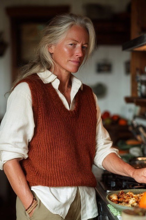 Thanksgiving outfit for women over 50: rust knit vest over white shirt