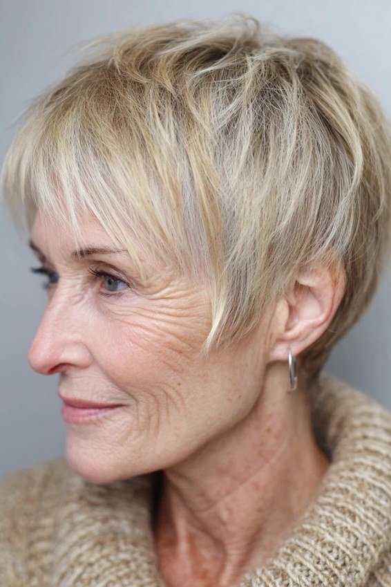 Older woman smiling with a sunny blonde pixie bob haircut.