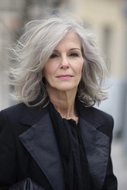 Wavy silver short shaggy bob hairstyle for older women