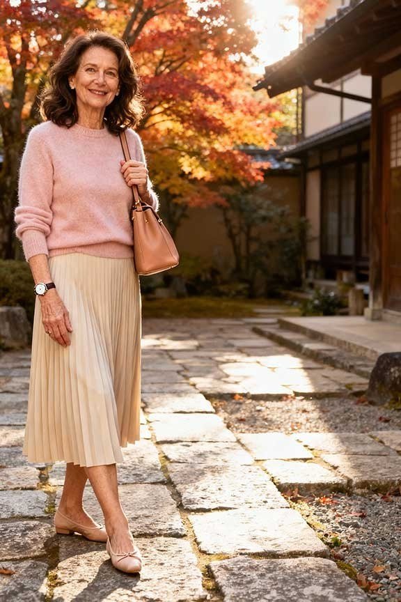 Thanksgiving outfit for women over 50: pink sweater with pleated maxi skirt