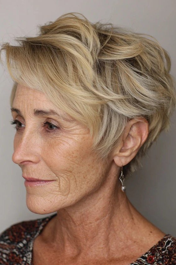 Side profile of an older woman with a blonde tousled pixie haircut.