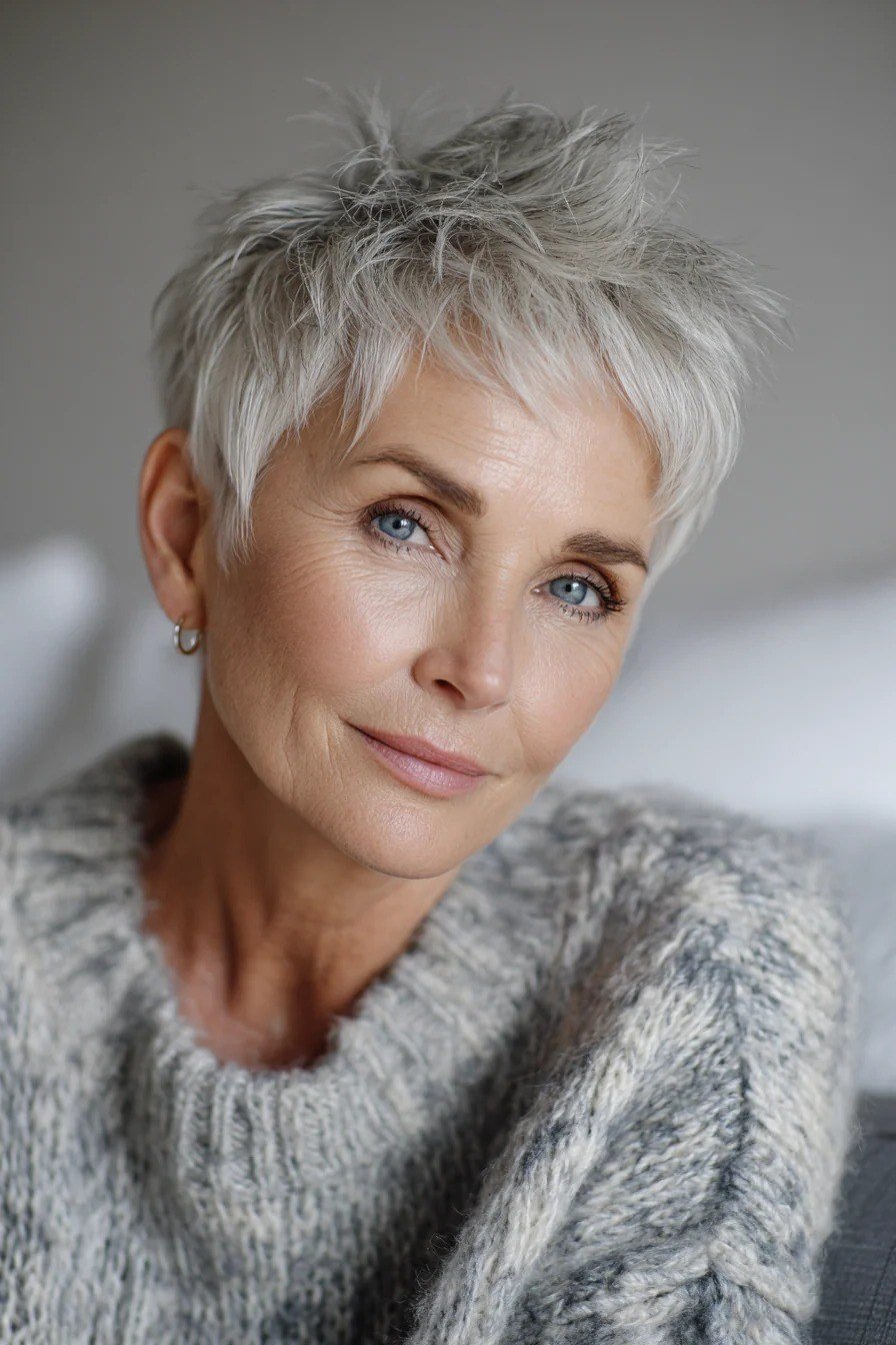 Senior woman with a timeless silver pixie haircut and soft texture on top.