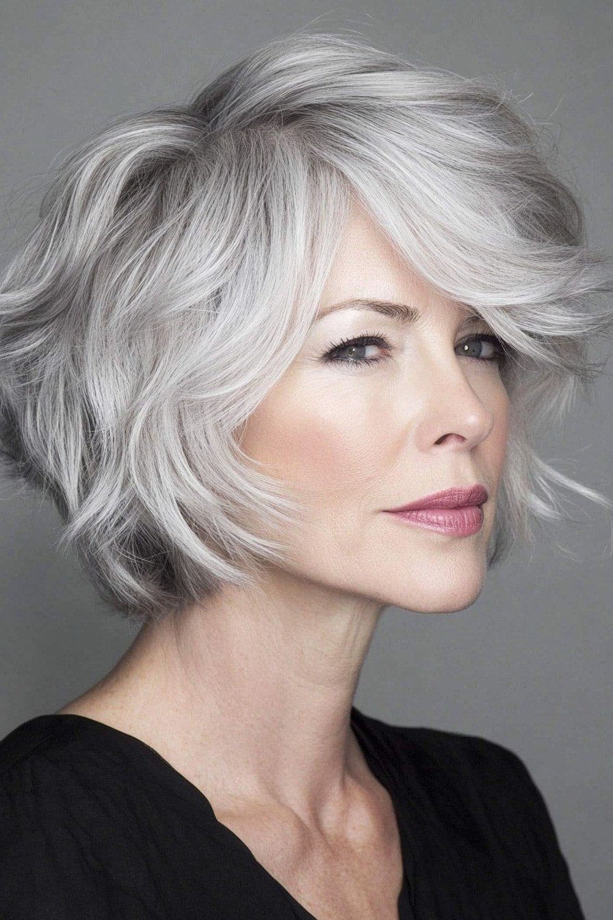 tousled white bob with choppy layers for women over 60