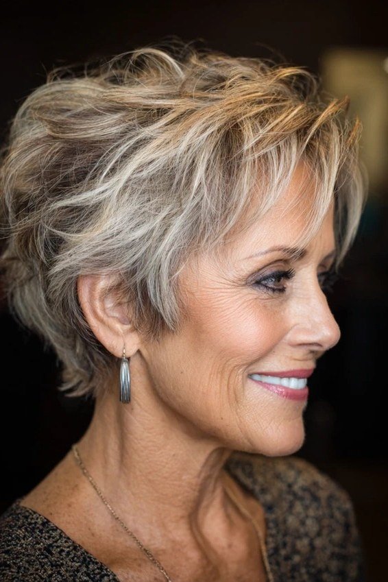 Side view of an older woman with a gray blonde blended bixie haircut.