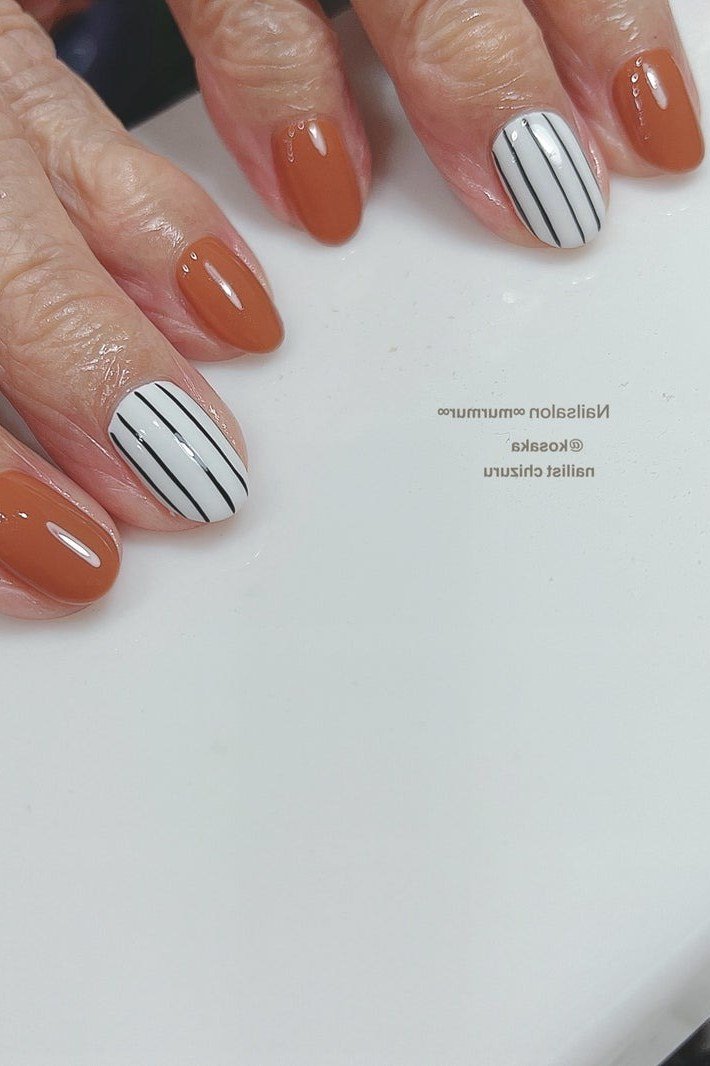 Terracotta Nails with White Stripes for women over 50