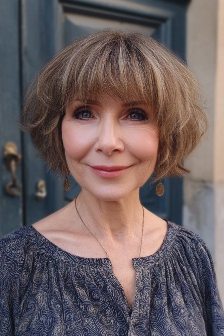 Chestnut short shaggy bob with bangs for older women